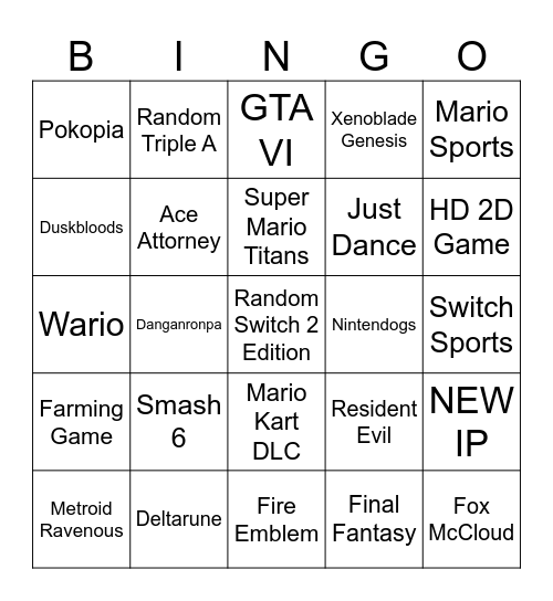 Nintendo Direct 9/9 Bingo Card