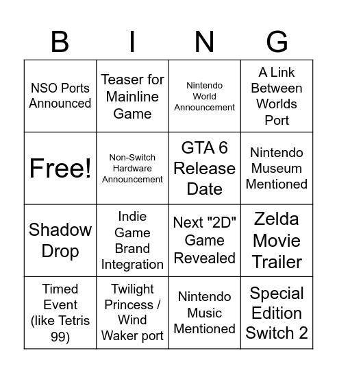 Zelda Bingo Card