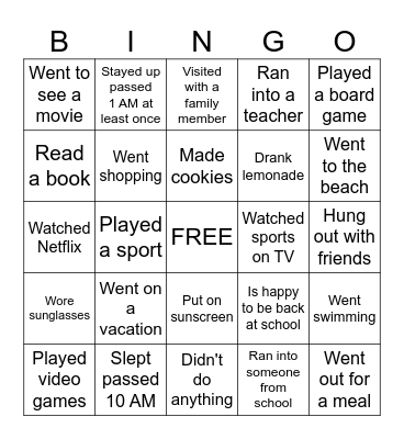 Back to School Bingo- Summer Break addition Bingo Card