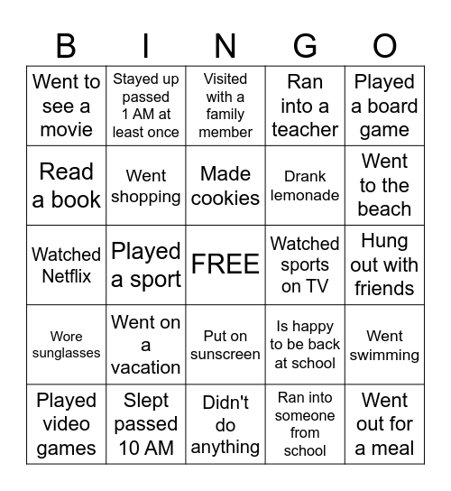Back to School Bingo- Summer Break addition Bingo Card