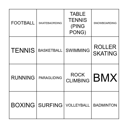 GUESS THE SPORTS Bingo Card