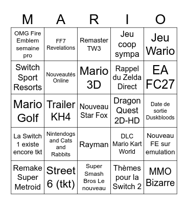 Nintendo Direct Septembre 2026 Bingo Card