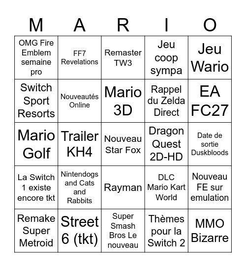 Nintendo Direct Septembre 2026 Bingo Card