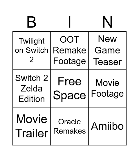 Zelda Bingo Card