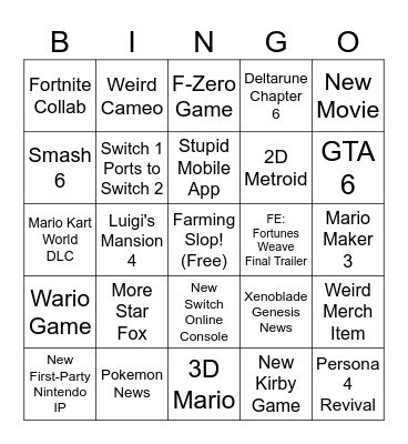 Nintendo Direct September 2026 Bingo Card