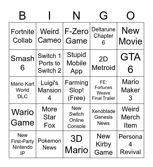 Nintendo Direct September 2026 Bingo Card