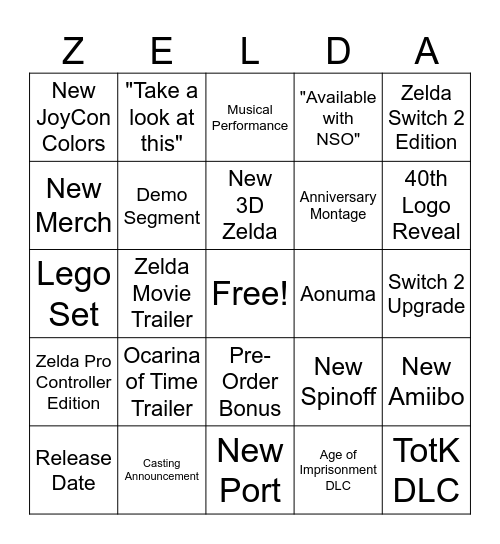 Zelda Direct Bingo Card
