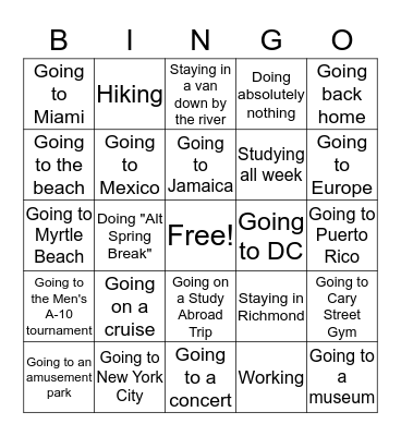 Spring Break Bingo  Bingo Card