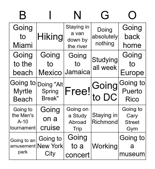 Spring Break Bingo  Bingo Card