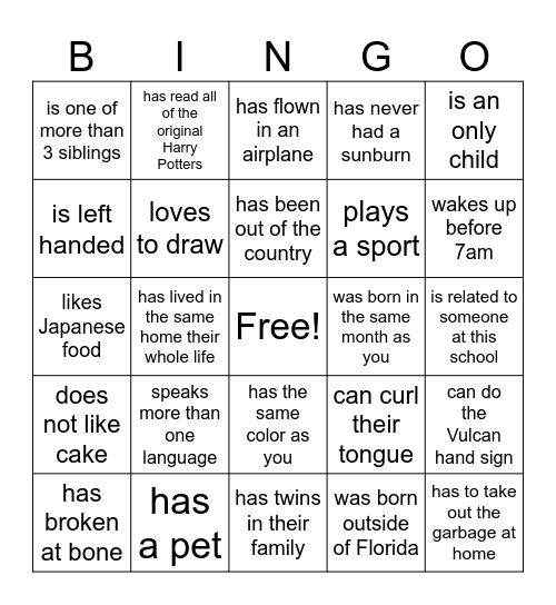 Get to know you BINGO Card