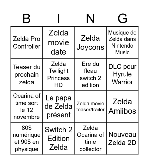 Zelda Bingo Card
