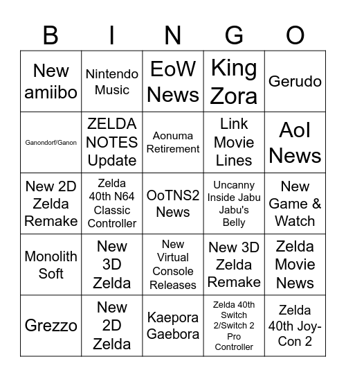 The Legend of Zelda 40th Anniversary Direct 9.8.2026 Bingo Card