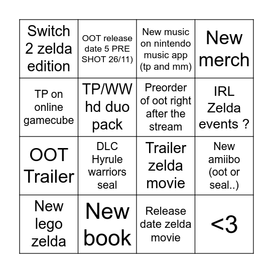 ZELDA Direct Bingo Card