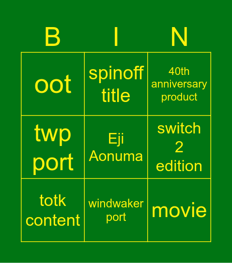 Zelda Direct Bingo Card