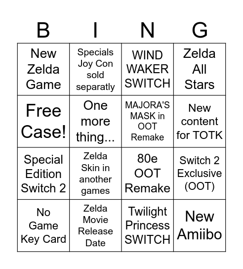 Zelda 40 ans Bingo Card