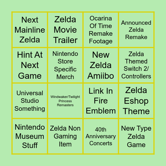Zelda 40th Anniversary Direct Bingo Card