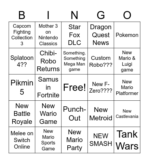 Nintendo Direct 9/9 Bingo Card