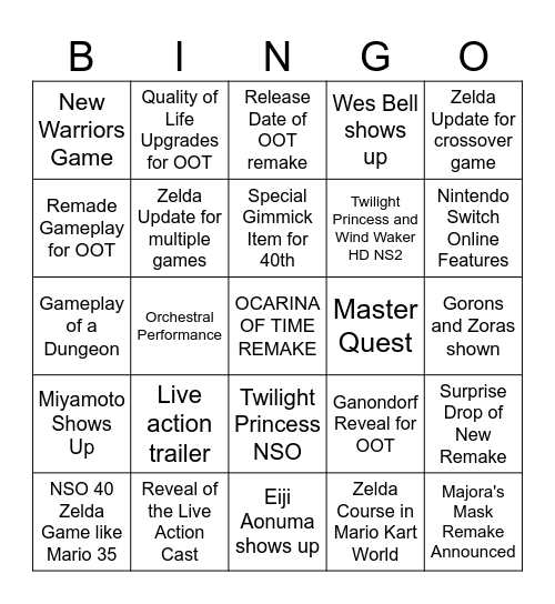 Zelda Bingo Card