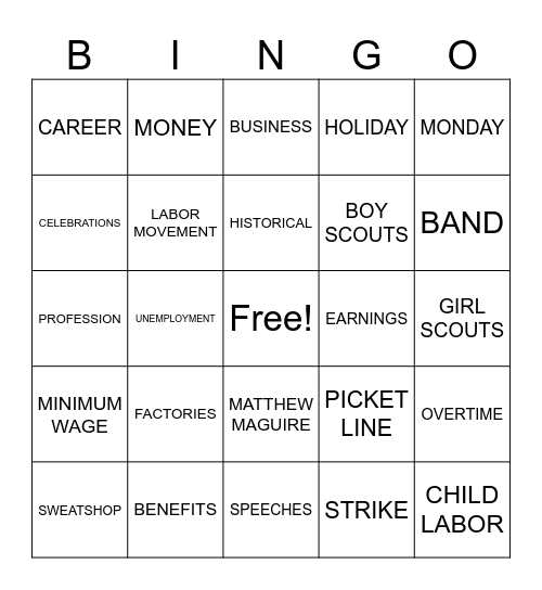 Labor Day Bingo Card