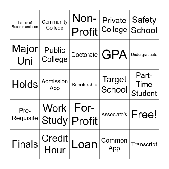 College 101 Bingo Card