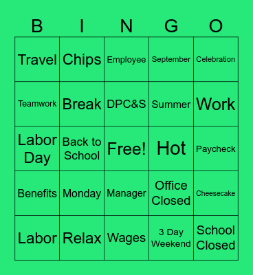 Labor Day Bingo Card