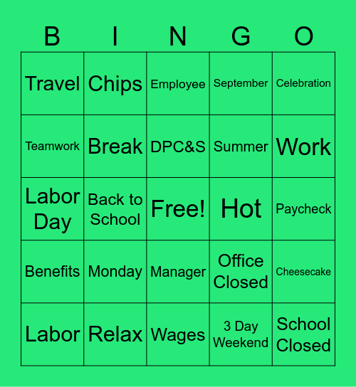 Labor Day Bingo Card