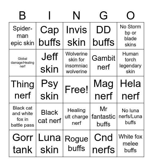 Marvel rivals bingo Card