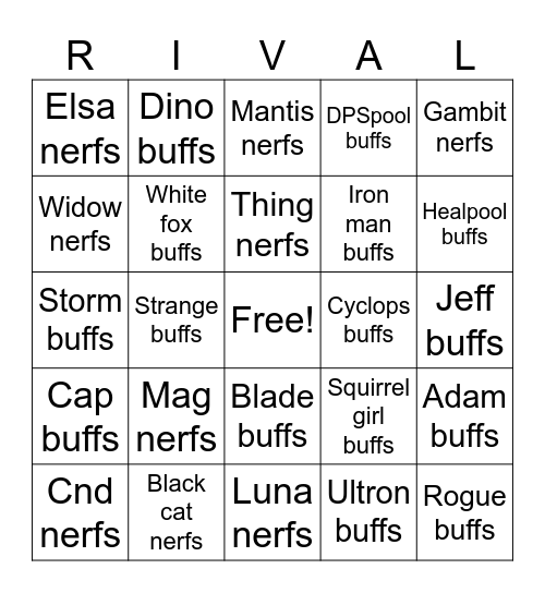 Rivals Patch Notes Bingo Card