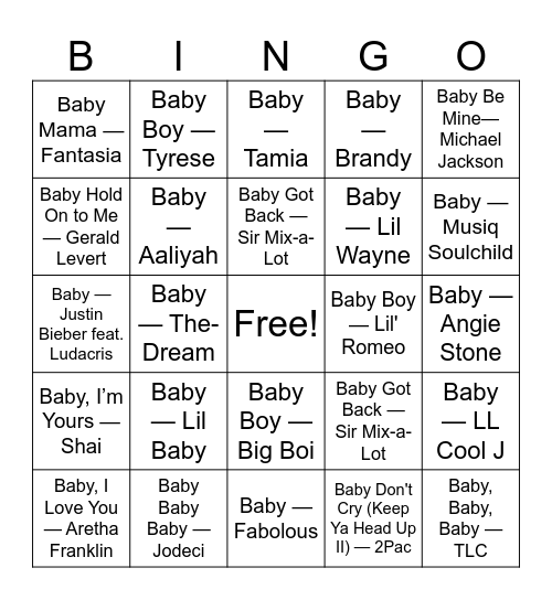 Hip Hop & RB Baby Bingo Card