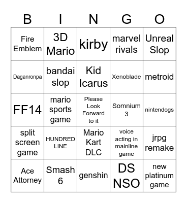 Nintendo Direct 9/6 Bingo Card