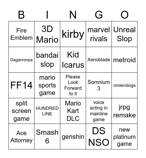 Nintendo Direct 9/6 Bingo Card