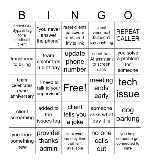 Admin Bingo Card