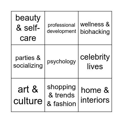 Interests Bingo Card