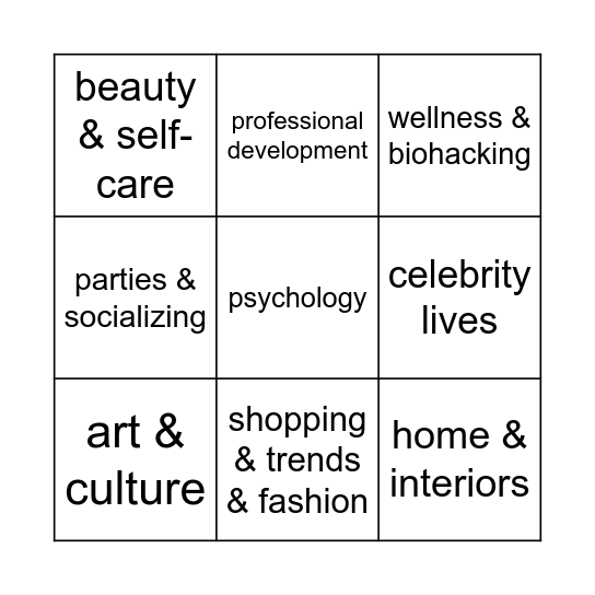 Interests Bingo Card