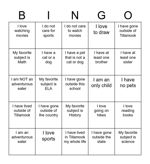 Name: Bingo Card