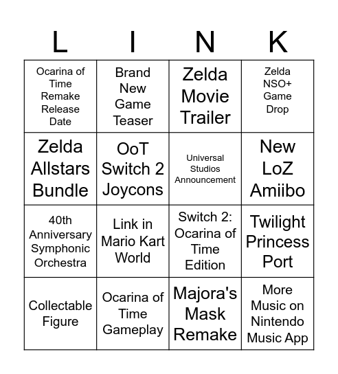 Zelda Linko Bingo Card