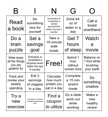 FWRI Wellness Bingo Card