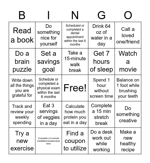 FWRI Wellness Bingo Card