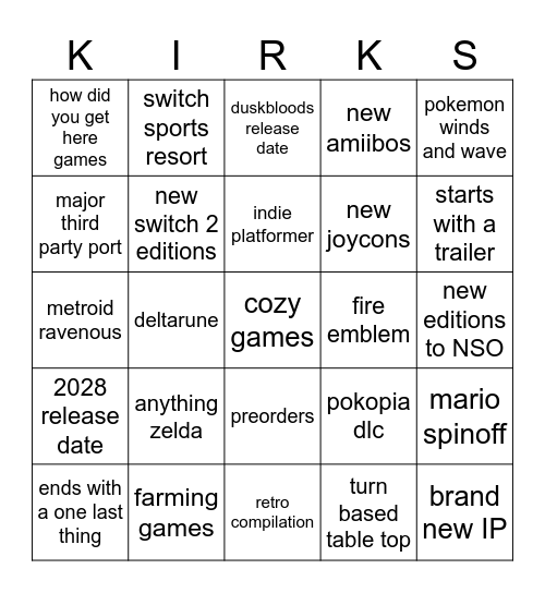 Pre kirkaversary direct Bingo Card