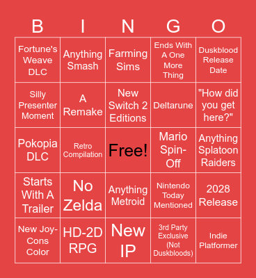Nintendo Direct 9.9.2026 Bingo Card