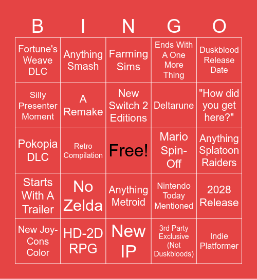 Nintendo Direct 9.9.2026 Bingo Card