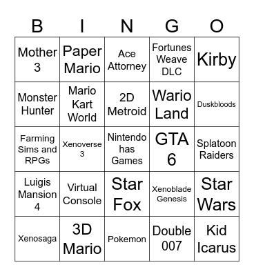 Nintendo Diret Sept 8 2026 Bingo Card