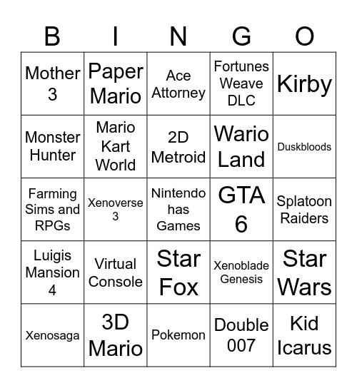 Nintendo Diret Sept 8 2026 Bingo Card