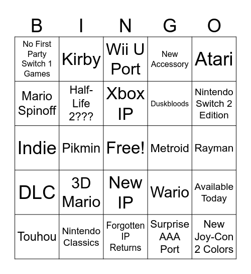 Nintendo Direct 9.9.2026 Bingo Card