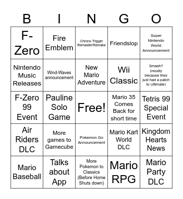 Nintend Direct Bingo Card