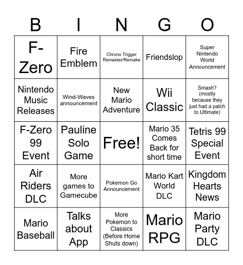 Nintend Direct Bingo Card