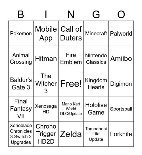 Nintendo Direct Bingo Card