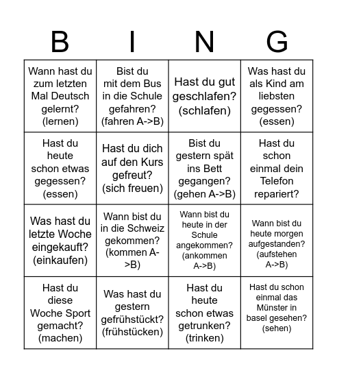 Fragen im Perfekt Bingo Card