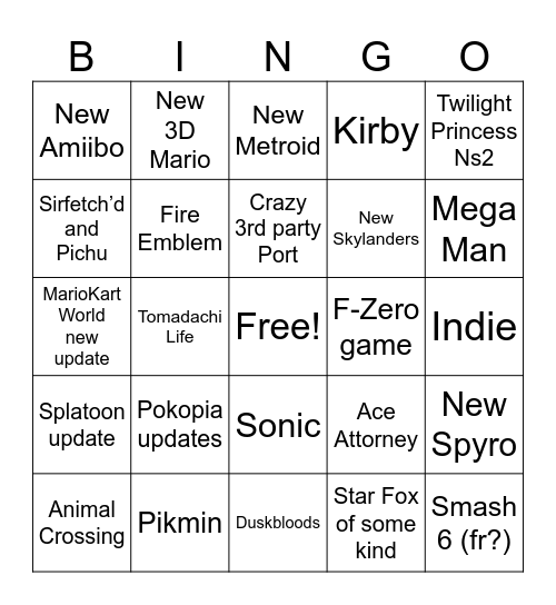 Nintendo Direct 9/10 Bingo Card