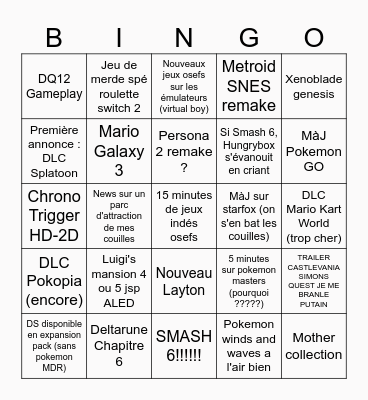 Bingo Nintendo Direct 9/9/26 Bingo Card